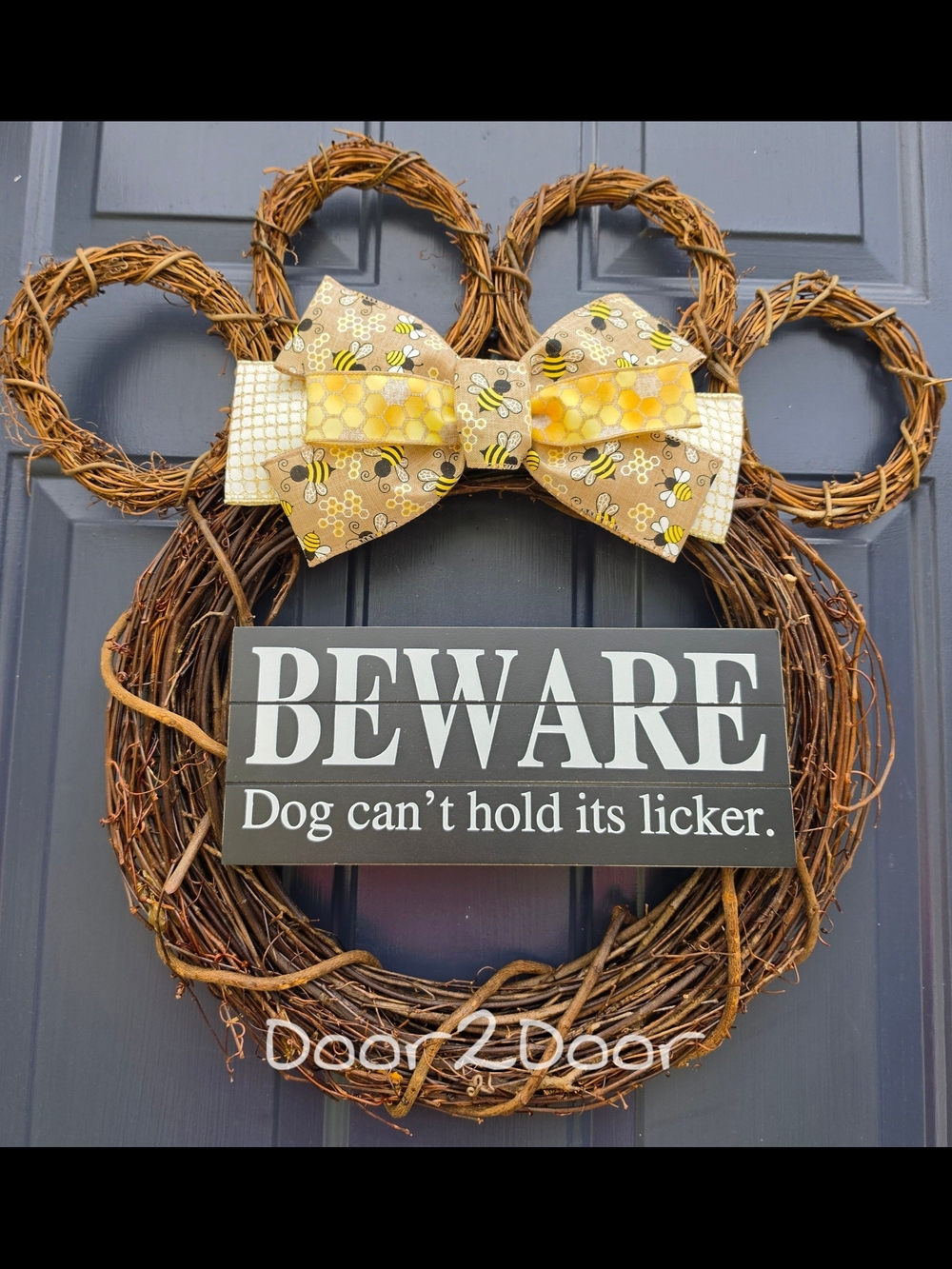 Grapevine Dog Wreath with Yellow Bee Bow and 'Beware' Sign